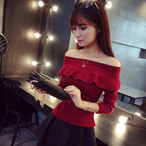2020 Autumn pullover sweater long-sleeved one-word collar off-shoulder sweater womens ruffle top slim-fit base shirt tide