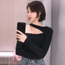 2019 spring new word shoulder halter neck off-shoulder top sexy small open shoulder T-shirt slim oblique shoulder base shirt
