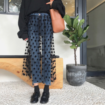 2021 spring Korean version of small fresh lace polka dot stitching culottes womens high waist raw edge jeans straight nine-point pants