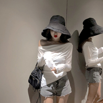 Korean chic watch out slim slant shoulder strapless top Womens spring and summer thin thin long sleeve T-shirt base shirt