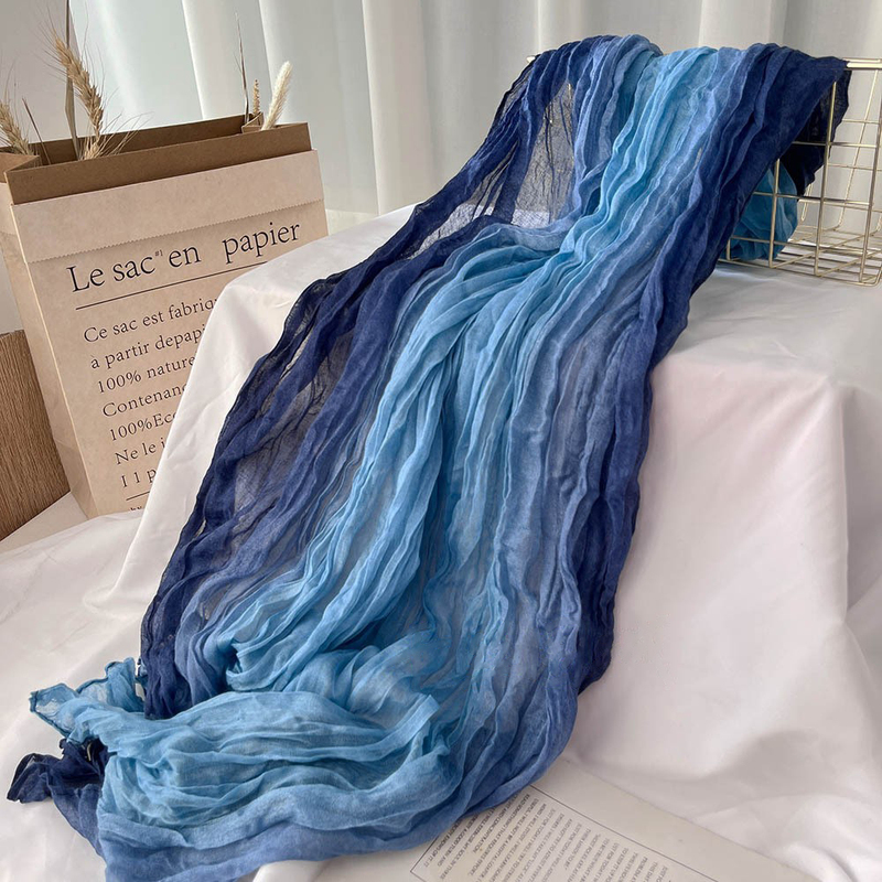 Scarf with Cotton and Linen Feel, Gradient Blue, Spring and Autumn 2026 New Style, Vintage Versatile Printed Women's Long Pleated Scarf