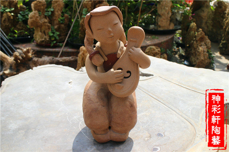 Ceramic handicrafts pure handmade clay pottery clay figures home accessories character decorations playing pipa female pottery clay dolls