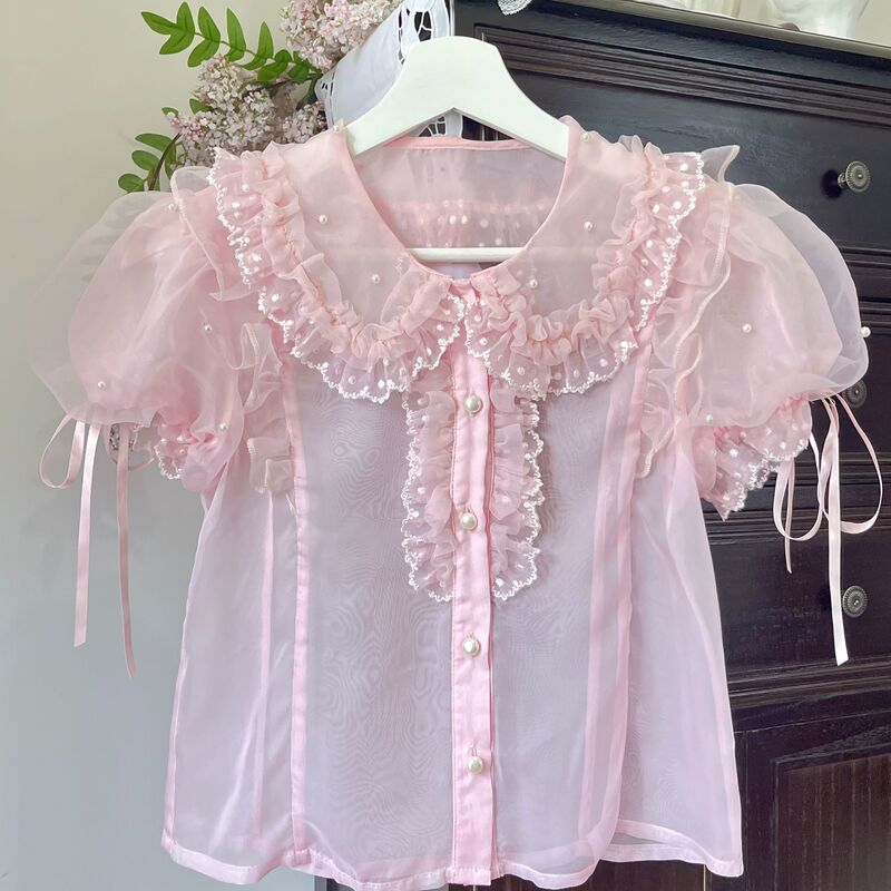 Dreamy Organza Versatile Lolita Star-Studded Puff Sleeve Shirt