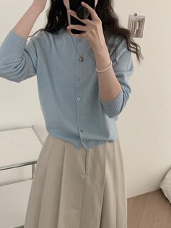 High-count all-wool 6629 autumn seamless solid color fashionable versatile single-breasted sweater round neck soft waxy knitted jacket