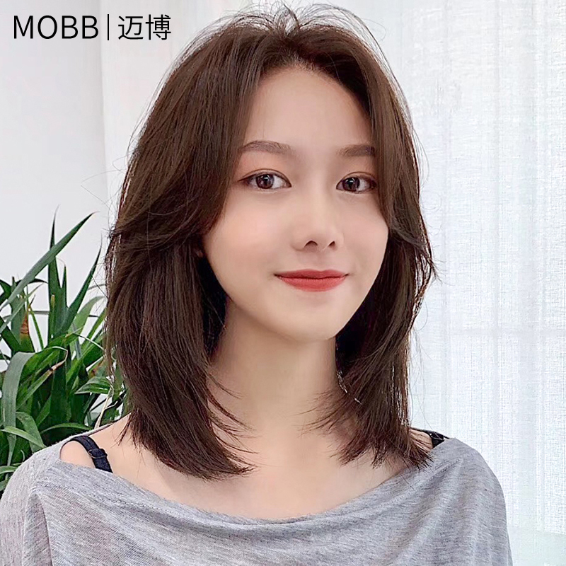 Wig women's long hair eight-character Liuhai level collarbone hair fluffy natural Korean hairstyle real life hair full headgear