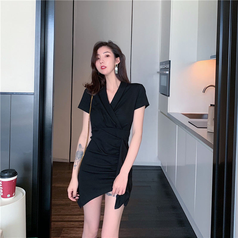 VK旗艦店 韓系不規則修身顯瘦荷葉邊短袖洋裝