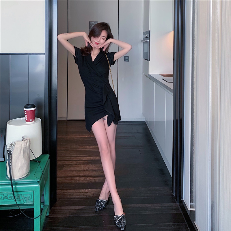 VK旗艦店 韓系不規則修身顯瘦荷葉邊短袖洋裝