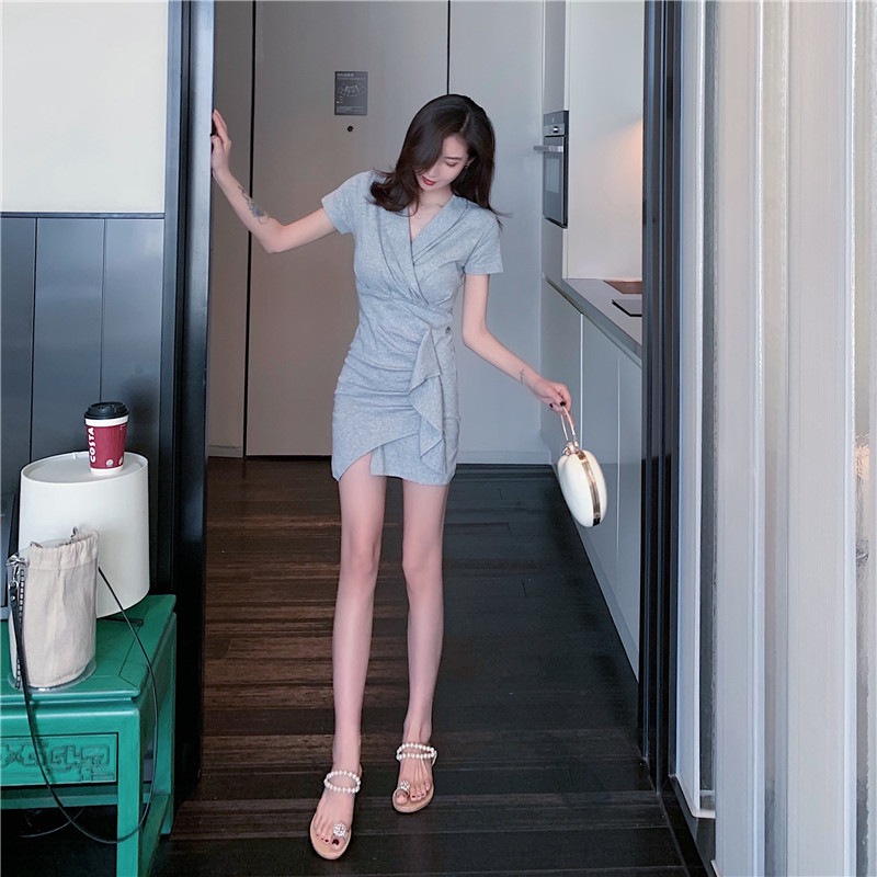 VK旗艦店 韓系不規則修身顯瘦荷葉邊短袖洋裝