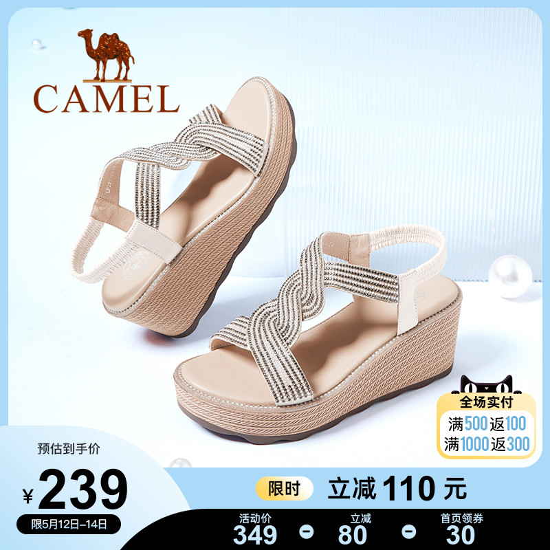 Camel women's shoes 2022 Summer new fashion genuine leather thick bottom heels with sandal women heightening slopes with Roman sandals women