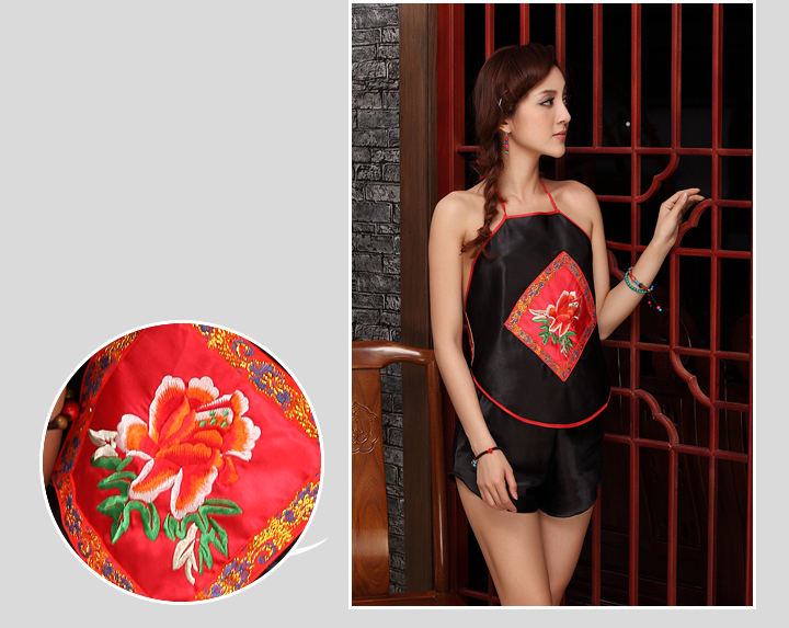 Tạp dề phụ nữ gợi cảm dành cho người lớn thiết kế kiểu thêu quốc gia cỡ lớn màu đỏ đen tạp dề túi đồ ngủ gợi cảm phong phú hoa mẫu đơn đồ lót xuyên thấu