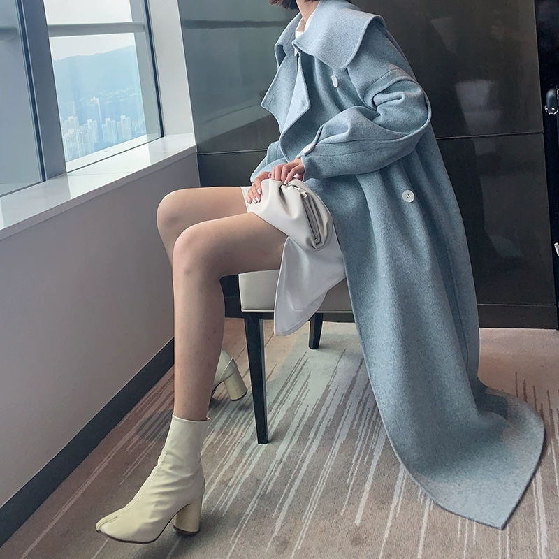 Áo khoác len nữ hai mặt màu xanh GINASHOP 2019 mùa đông mới cashmere Áo len len Úc - Áo len lót đôi