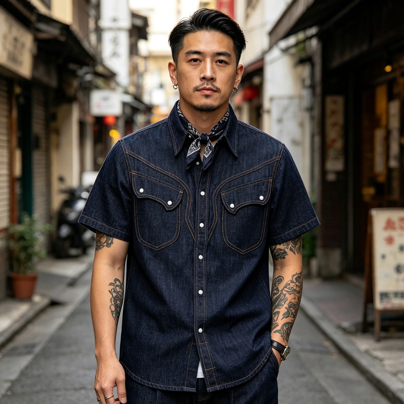 2026 American Retro Workwear Men's Pearl Button Natural Color Washed Slub Western Denim Shirt Cody Short-Sleeve Shirt 2026 American Retro Workwear Men's Pearl Button Natural Color Washed Slub Western Denim Shirt Cody Short-Sleeve Shirt