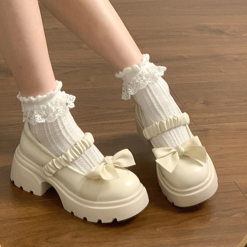 2024 New Spring and Summer White Japanese-Style Chunky Heel Platform Height-Increasing Mary Jane Leather Shoes for Women, French-Style Shallow Single Shoes