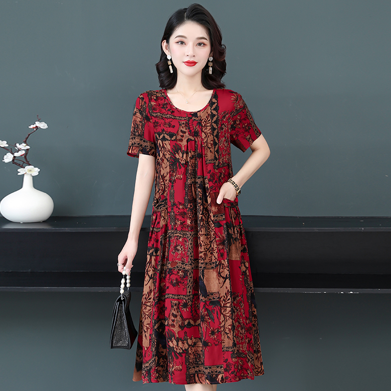Summer Cotton Silk Dress for Middle-Aged and Elderly Women, Loose Plus-Size Dress for Plus-Size Moms, Tummy-Covering, Slimming, Stylish Mid-Length Dress