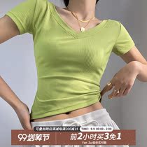 Fitness girl slim thread sports short sleeve tight sexy V collar quick dry T-shirt stretch yoga suit top summer thin