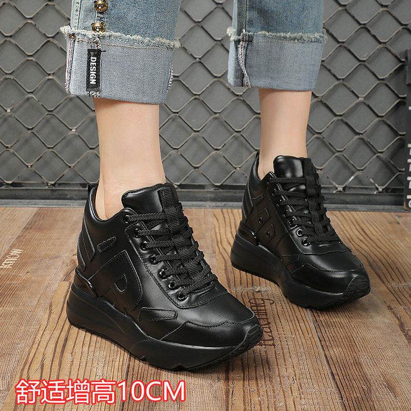 2026 Spring/Summer Fashion Versatile Genuine Leather Height-Increasing Women's Shoes 10cm Thick Sole Wedge Hidden Casual Sports Travel Shoes