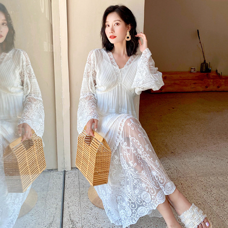 Travel Fairy Beach skirt Flared sleeves White embroidered silk dress Female lace loose summer long-sleeved high waist