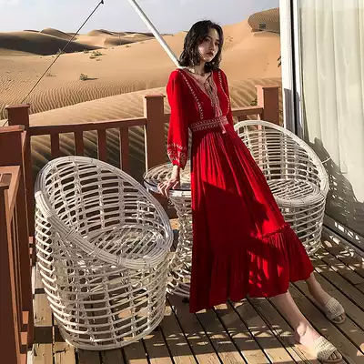 Summer Hainan Sanya tourism Chaka Salt Lake red beach skirt female seaside vacation desert thin Western dress