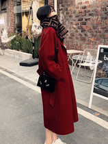 2021 autumn and winter new double-sided cashmere coat womens brick red black six button belt double-sided velvet wool jacket