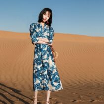 Blue white patterned snowspun one-piece dress with dress and beach skirts seaside holiday hollowed-out 2022 dresses