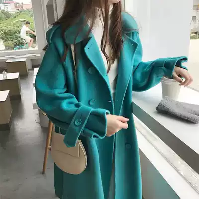 2021 autumn and winter new double-breasted blue high-end double-sided cashmere coat women's long double-sided cashmere coat