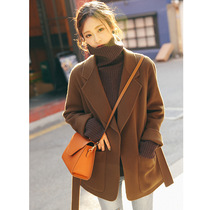 Anti-season autumn and winter high-end double-sided cashmere coat Womens Small short woolen jacket with belt double-sided tide