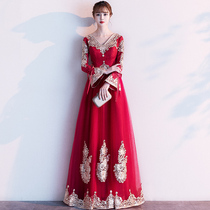 Toast new wedding long sleeve Chinese style wine red women long toast service bride 2021 thanking banquet dress