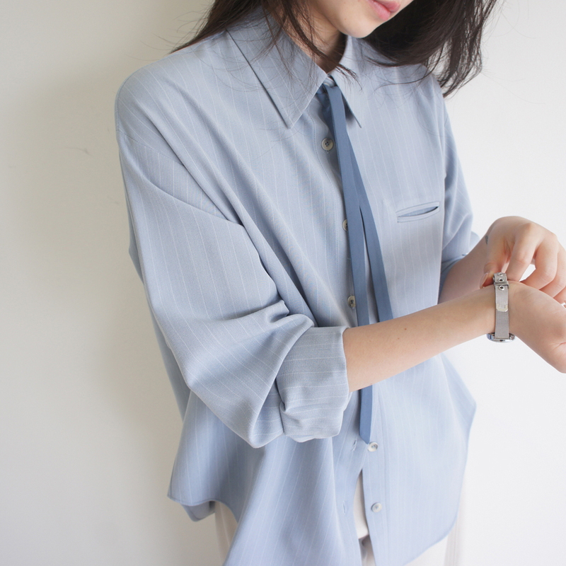 Lost and Found Light Blue Striped Lace-Up Loose Pocket Long-Sleeve Shirt Wrinkle-Resistant Chic Skin-Friendly Top Lost and Found Light Blue Striped Lace-Up Loose Pocket Long-Sleeve Shirt Wrinkle-Resistant Chic Skin-Friendly Top
