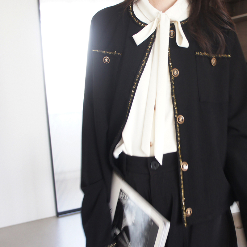 Lost and Found Black and White Contrast Ribbon Dark Pattern Slightly Elastic Long-Sleeve Crew Neck Cardigan Set Women's Jacket