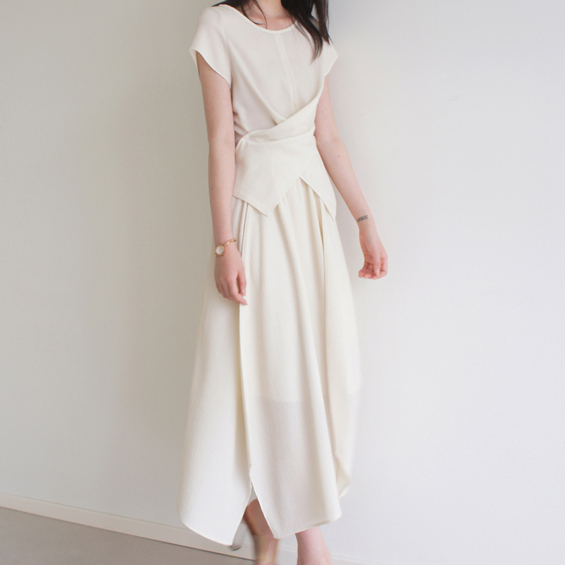 Lost and Found Three-Dimensional Pleated Vertical Stripe Cross-Over Short-Sleeve Shirt with Multiple Panels and 3D Elasticated Skirt Set