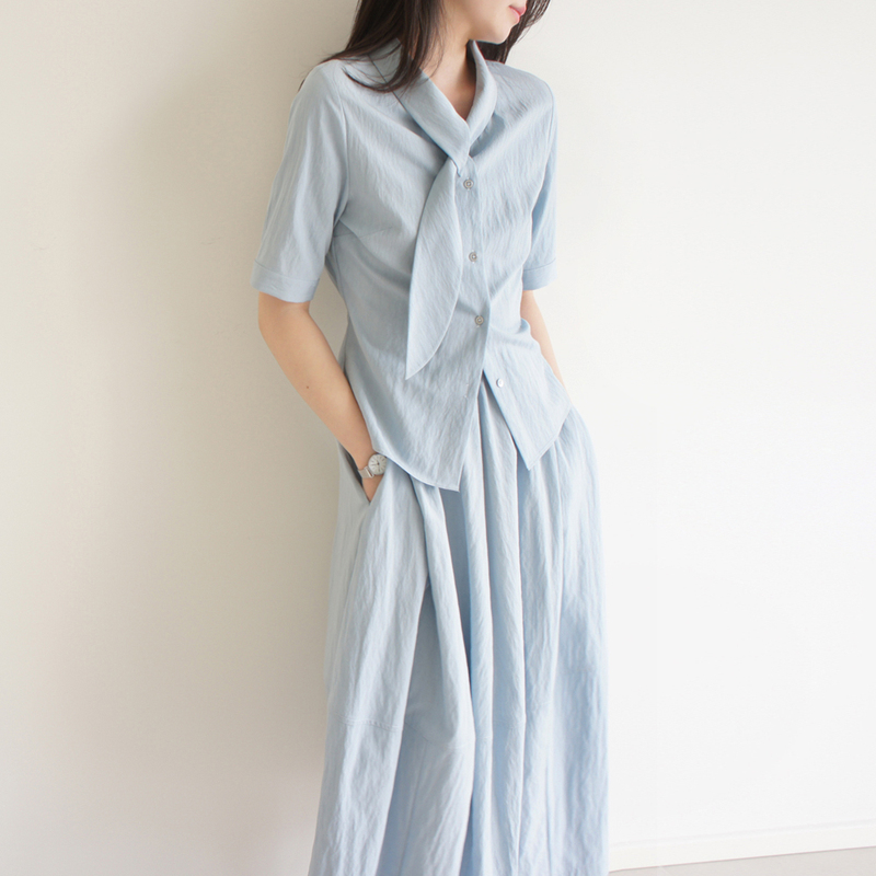 Lost and Found Light Blue Bow Tie Waist-Cinching Shirt High-Waisted Elastic Cocoon-Shaped Pocket Skirt for Women