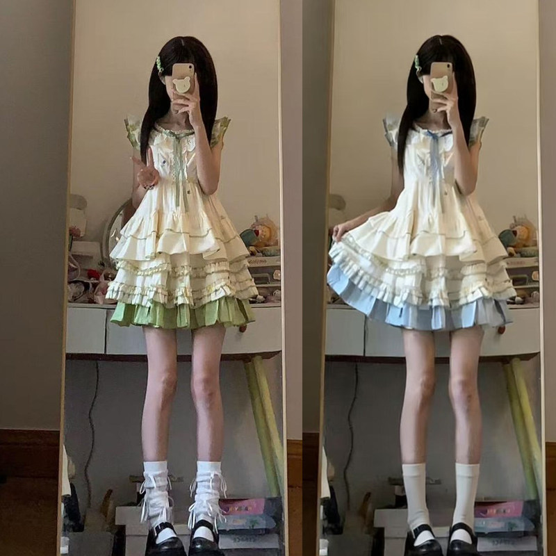 Dopamine Style Petite Miu Outfit: a Complete Set of Two-Piece Dress with Flutter Sleeves, Tiered Skirt, and Princess Dress Dopamine Style Petite Miu Outfit: a Complete Set of Two-Piece Dress with Flutter Sleeves, Tiered Skirt, and Princess Dress