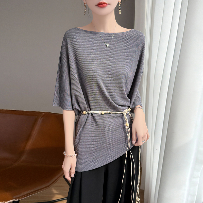 Summer New French Old Money Style Off-The-Shoulder Tie-Waist Knit Short-Sleeve Women's Loose Versatile T-Shirt Thin Top