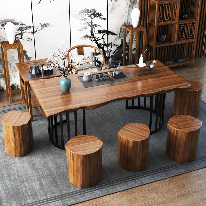 Solid wood tea table tea table and chairs combination tea set and tea set integrated industrial wind wood pier tea table small family type domestic bubble tea table