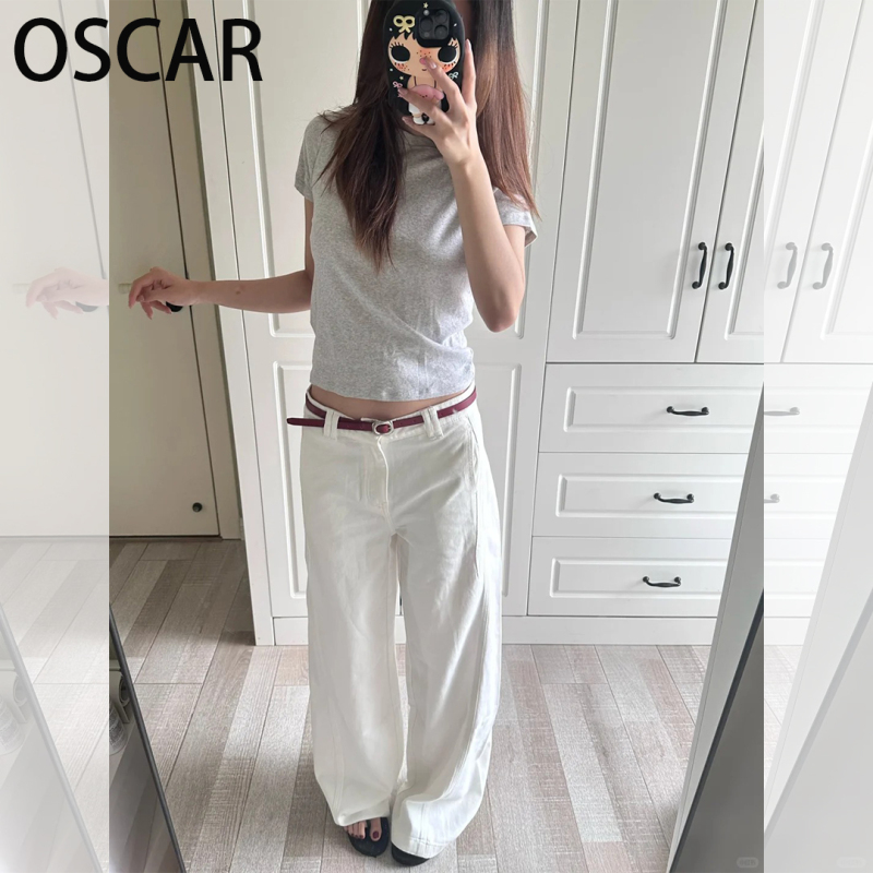 Korean-Style Off-White High-Waisted Straight-Leg Curved Hem Denim Pants for Women, 2026 All-Season Loose Fit Slimming Wide-Leg Floor-Length Pants