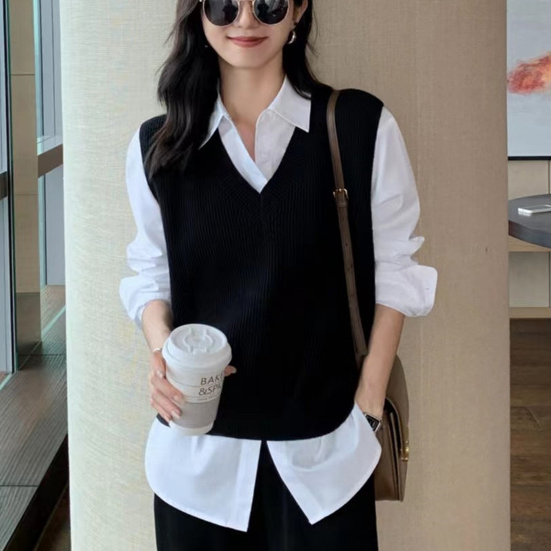 Black V Neck Knitted Vest for Women, Autumn and Winter Inner Wear, 100% Pure Wool Vest, Loose and Versatile, Layered Top