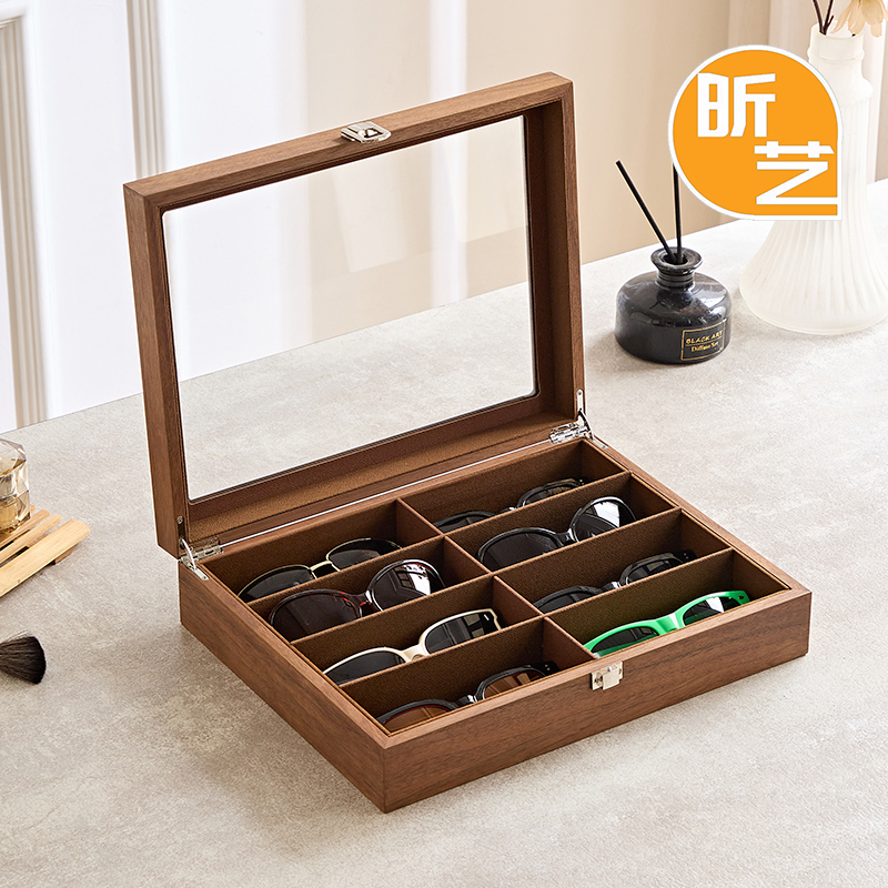 8-Slot Black Walnut Wood Grain Eyewear Storage Box Multi-Compartment Glasses Case Home High-End Exquisite Sunglasses Display Box