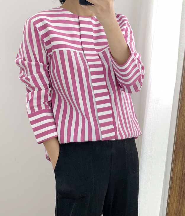 Upper Texture! !Tomorrowland Liquid Ammonia Anti-Wrinkle Highlight Loose Fabric Woven Cotton Mixed Wide Stripesd Crew Neck Shirt