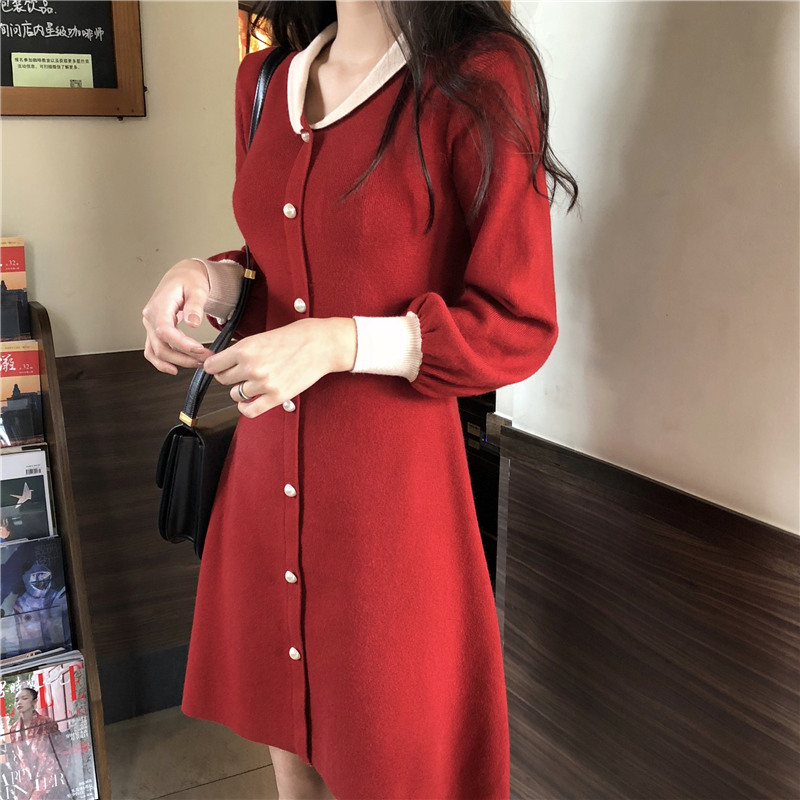 VK旗艦店 韓系修身妙齡珍珠扣拼色翻領長袖洋裝