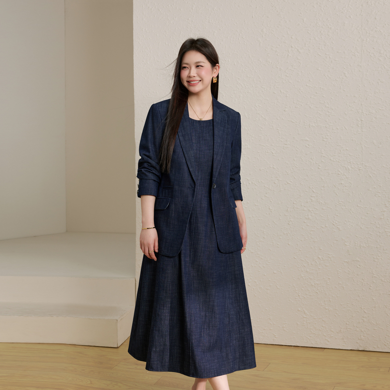 [Modern City] Notched Lapel Suit Dress and Pants Set, Slim and Elegant Plus-Size Women's Clothing for Chubby Women, New Spring Style