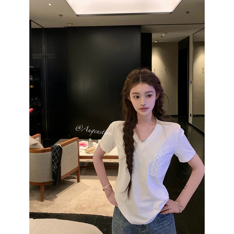 Chien Tencel Long-Sleeve Base Shirt Spring/Summer Diamond Embroidery V-Neck White Knitted Short-Sleeve T-Shirt for Women