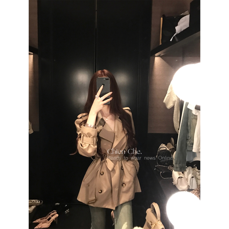 Chien Retro Stand-Up Collar Short Trench Coat Spring High-End Elegant Silhouette Waist-Cinching Casual Jacket for Women