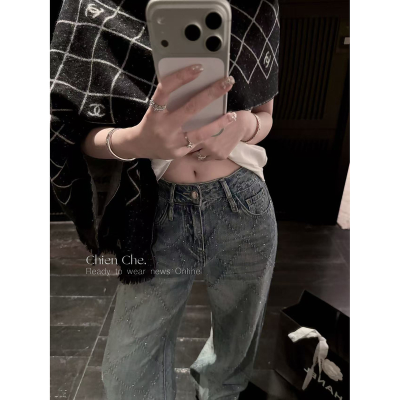 Chien Heavy-Duty Rhinestone Straight-Leg Pants Vintage Washed Blue Petite Loose Diamond-Patterned Denim Jeans for Women