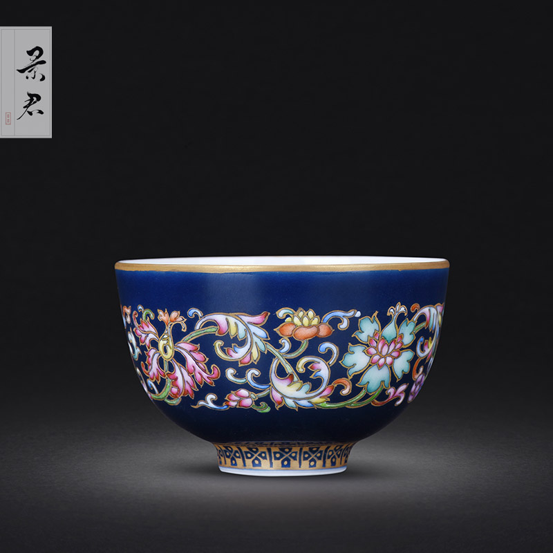 Jingdezhen ceramics ji blue glaze hand - made colored enamel paint branch flowers kung fu tea cup masters cup