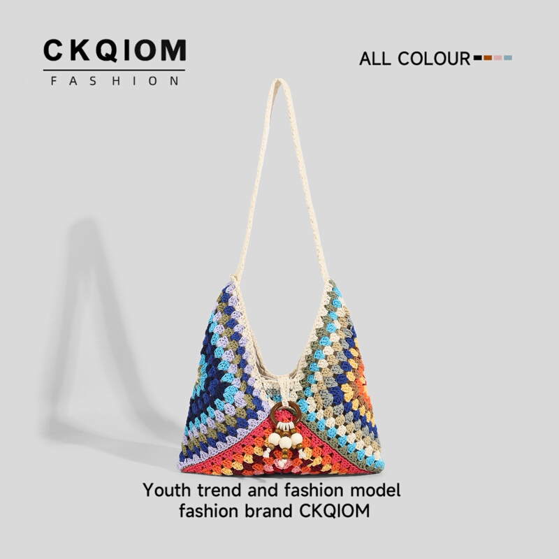 Ckqiom Ethnic Style Colorful Knitted Woven Bag Women's Shoulder Underarm Bag Vacation Style Beach Bag 2026 New Style Ckqiom Ethnic Style Colorful Knitted Woven Bag Women's Shoulder Underarm Bag Vacation Style Beach Bag 2026 New Style