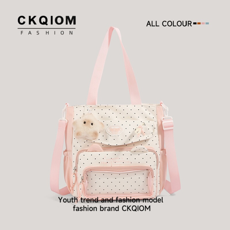 High-Quality Tutoring Bag, Pink Large-Capacity Polka-Dot Crossbody Bag, Female Student Canvas Tote Bag, Junior High School Student Handbag