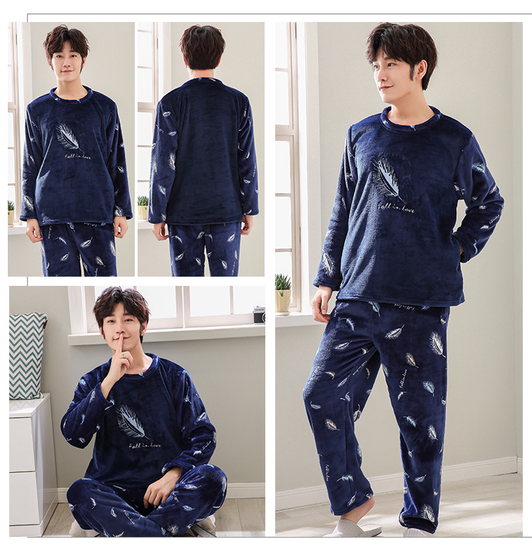 Mùa xuân và mùa thu đồ ngủ nam cotton dài tay nhung mỏng phần thanh niên san hô lông cừu học sinh trung học cơ sở có thể mặc pijama nam