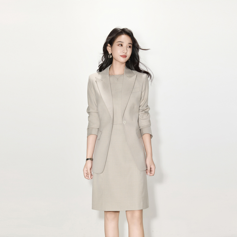 25 Spring and Autumn High-End Khaki Blazer Jacket, Slim Fit, Sleeveless Dress, Simple Workwear Office Suit Dress