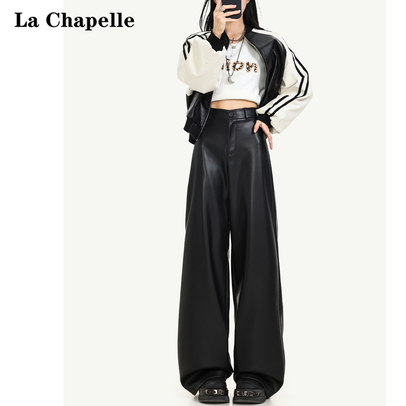 La Chapelle Black European and American Style Casual Pants for Women 2026 New Winter Motorcycle Style Straight Wide-Leg Pu Leather Pants