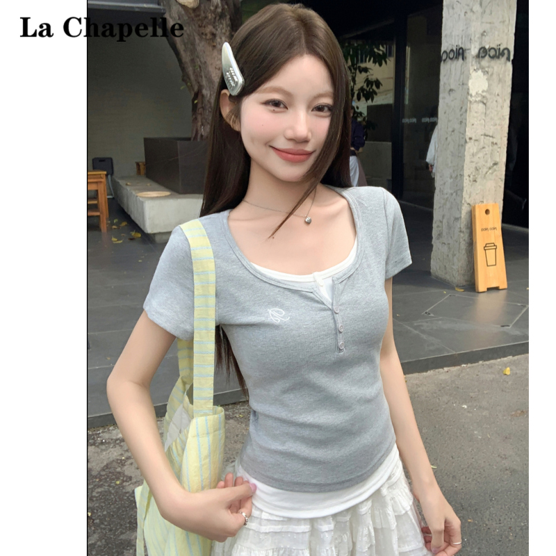 La Chapelle Design-Inspired U-Neck Faux Two-Piece Short-Sleeve T-Shirt for Women, 2026 Summer New Slim-Fit Short Top